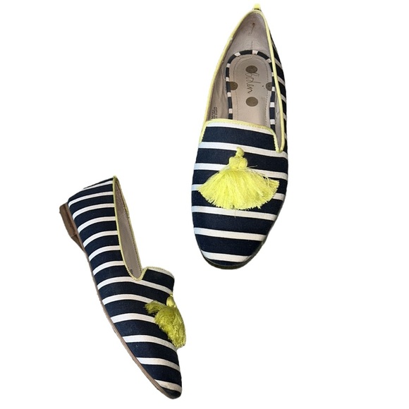 Boden Rowan Navy Blue Striped Yellow Tassel Slipper Loafers - 38.5 / 7.5 - Picture 4 of 16